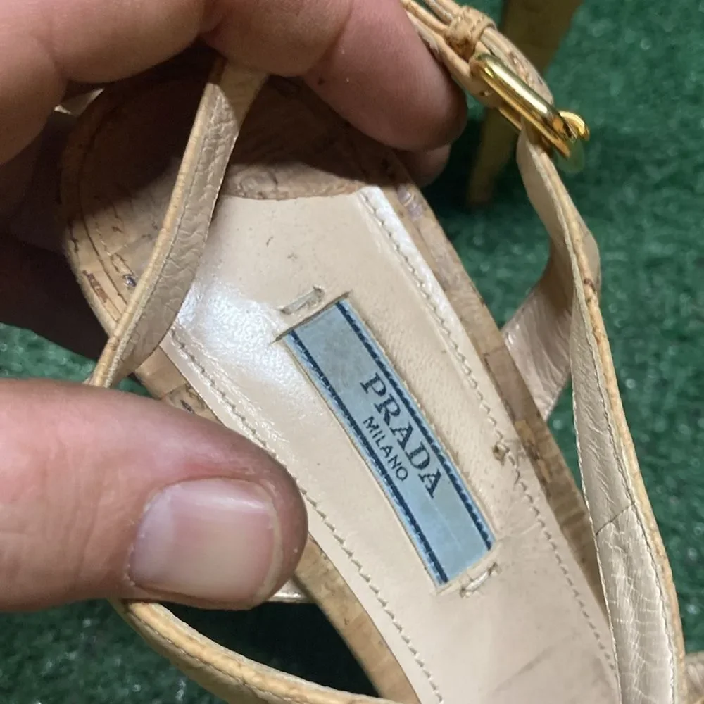 Prada Natural Cork Platform Sandals with Gold Buckles